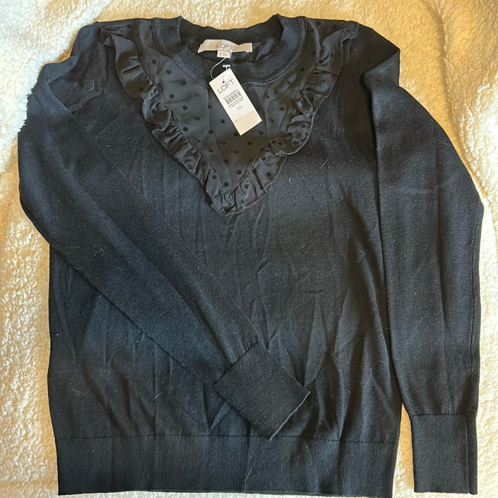 LOFT black sweater with pretty black insert and ruffle detail